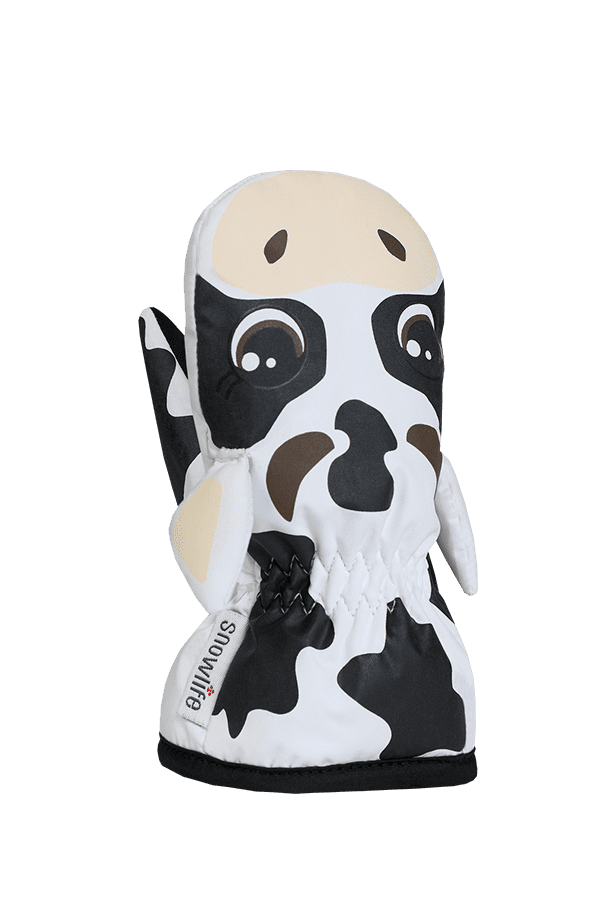 Baby Animal Mitten, warme Baby Fausthandschuhe im Tierdesign Kuh, Farbe schwarz weiss,