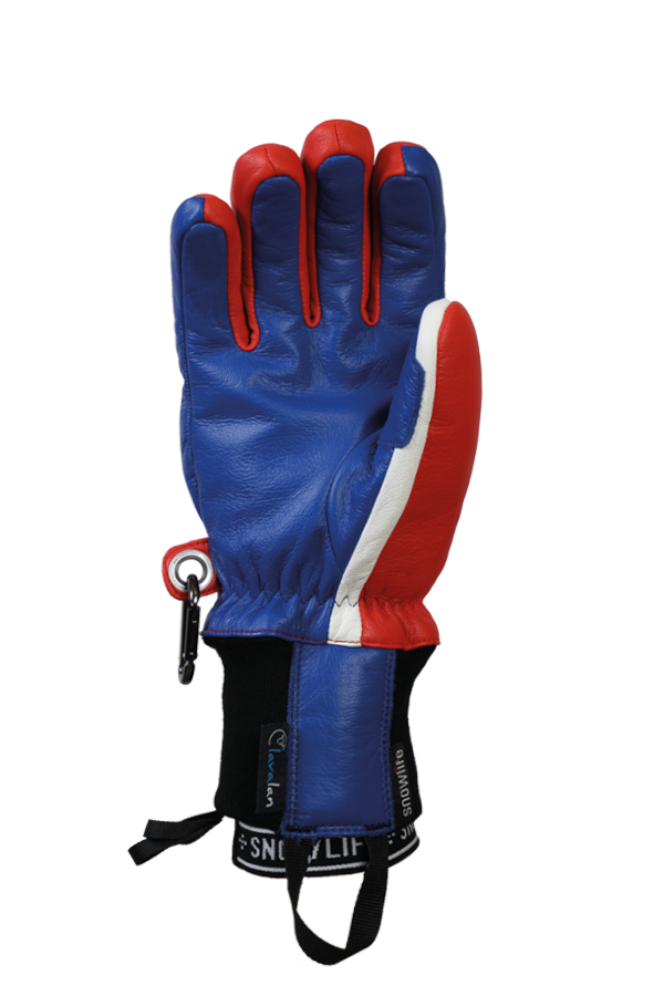 Classic Leather Glove, un véritable gant de freeride en cuir avec une isolation en laine Lavalan en bleu, rouge et blanc, vue sur la paume.