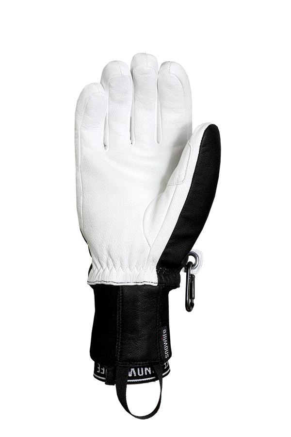 Classic Leather Glove, un véritable gant de freeride en cuir avec une isolation en laine Lavalan en noir et blanc, vue sur la paume.