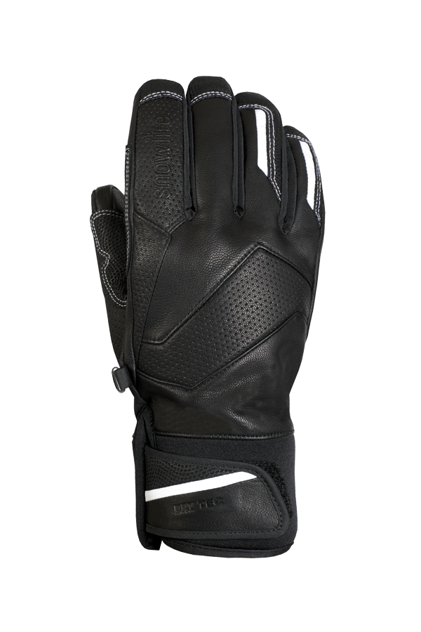 black alpine racing glove made of leather with white highlights and modern design