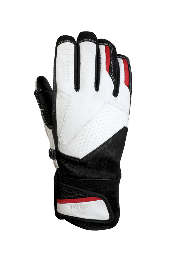 white alpine racing glove made of leather with red highlights and modern design, view palm